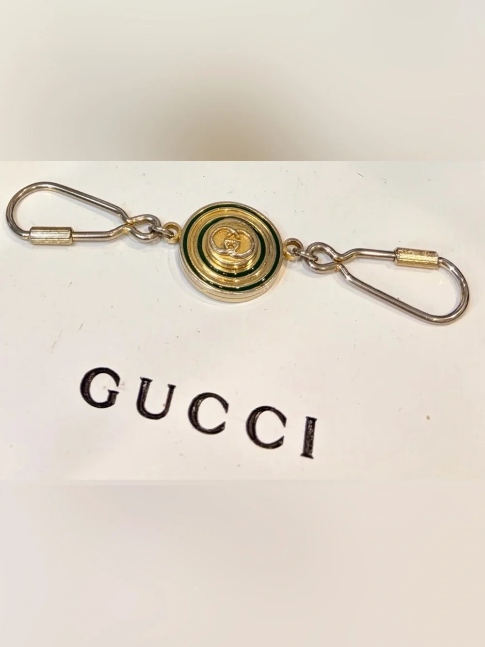 Vtg. GUCCI Horse-bit Green & Gold Round Enamel Keychain